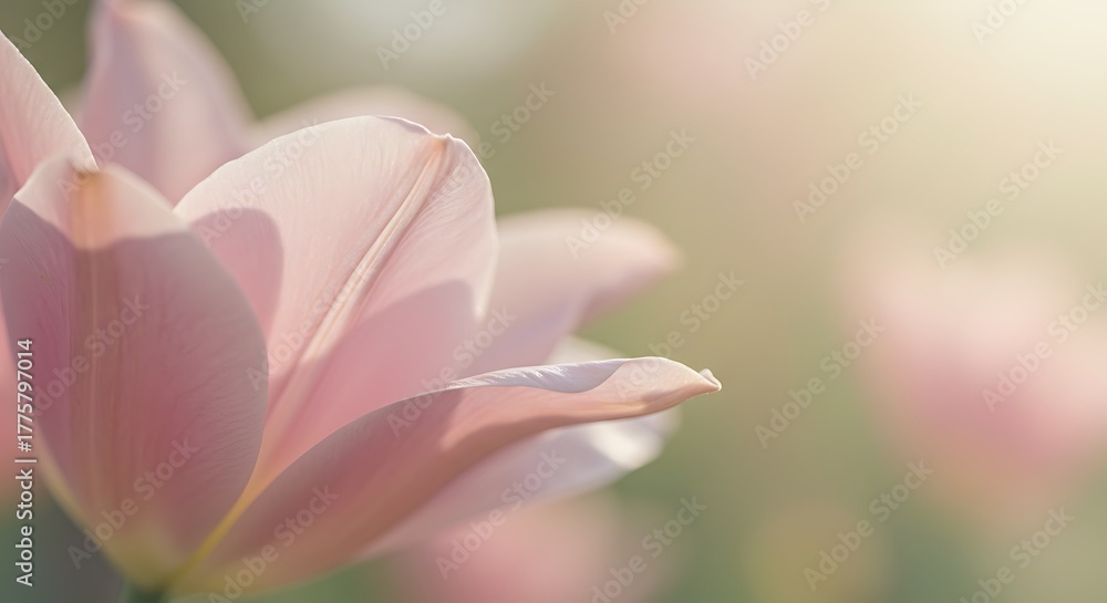 Fototapeta premium Close up of a delicate pink tulip flower illuminated by soft sunlight