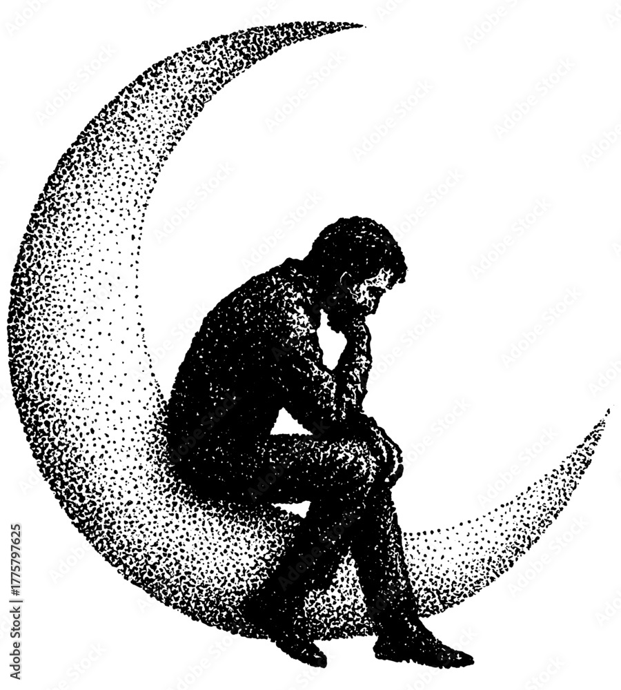 Fototapeta premium Man sitting on crescent moon, retro xerography stipple engraving black and white surreal emotional photo art isolated on transparent background