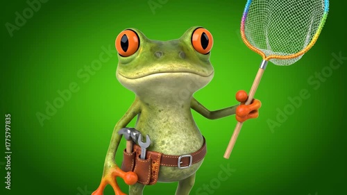 Animated Frog Character with Tool Belt and Net Against Green Gradient Background Light Cartoon Style Rendered 3D Model in High Definition