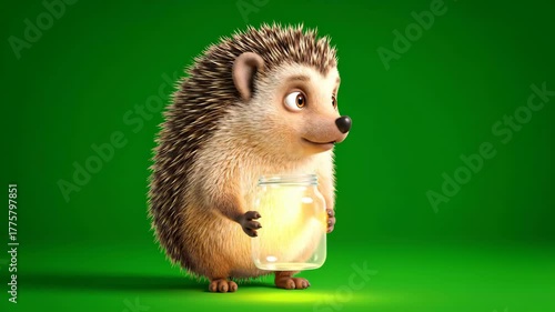 Animated Hedgehog Holding Glowing Jar on Green Backdrop Adorable Creature with Light Emitting Container Cartoon Style Animation Generative AI