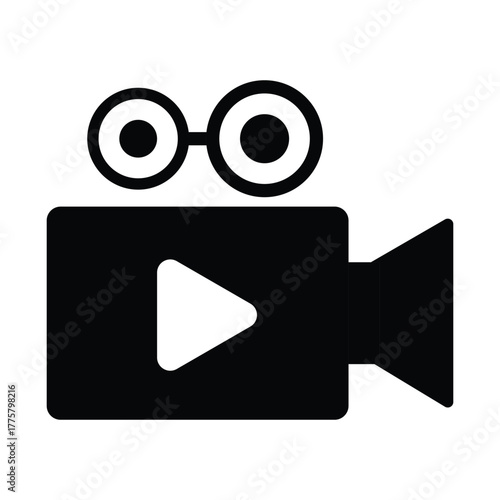 Black classic movie camera shows play button on white background perfectly