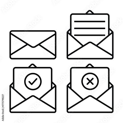 Black line icons showing different states and symbols for mail notifications with white background