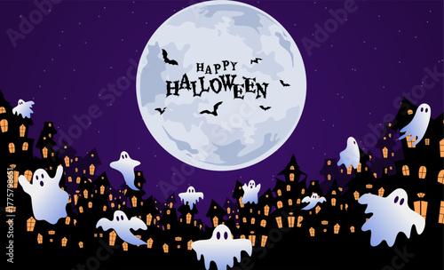 Halloween banner with flying ghost at night in the city with big moon background. Halloween illustration design.