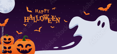 Halloween background banner spooky ghost and halloween pumpkin monster with copy space. Halloween illustration design.