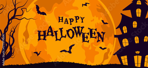 Halloween background banner haunted house and big dead tree with big full moon as background with copy space. Halloween illustration design.
