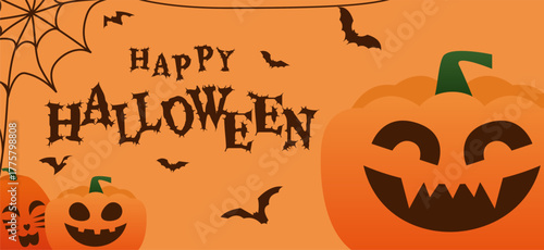 Halloween banner background gradient pumpkins monster with spider web and bats with copy space. Halloween illustration design.