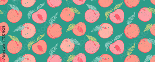 Seamless funky pop art pattern with apricots and peaches in crayon or chalk texture. Hand-drawn fruity background for kids’ wrapping paper, banners, posters, and packaging design.