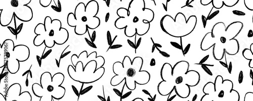 Crayon drawn simple flowers seamless pattern. Hand drawn daisies and chamomiles background. Graphic black and white print with cute flowers. Kids style daisy scribbles. Naive or primitive style.