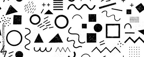 Seamless Swiss design aesthetic pattern with crayon drawn basic forms and geometric shapes. Hand drawn vector sketchy seamless banner background. Scribbles and doodle wallpaper print.