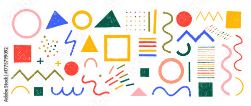 Funky crayon drawn geometric shapes and doodle lines. Colorful pencil or chalk drawn naive Swiss design aesthetic. Basic geometric shapes, dots, playful pattern, primitive forms and figures.