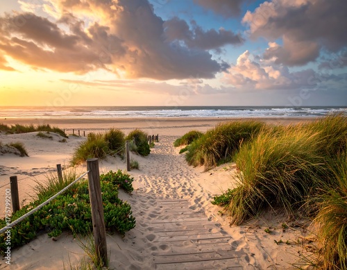 Fototapeta Naklejka Na Ścianę i Meble -  Wooden path leading through sand dunes toward the ocean at sunset