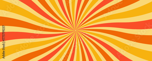 Groovy swirl pattern with retro starburst and psychedelic sunburst for 70s background. Orange, red and yellow wavy radial stripes background. Explosion or surprise manga style effect.