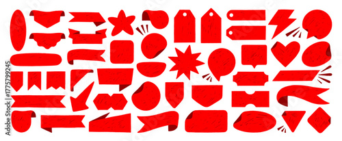 Red promo starburst sticker, tag and price labels set with crayon texture. Flags and stamps perfect for text callouts, template stickers. Adhesive offer stamps, sale banners and ribbons, coupon design