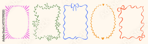 Quirky whimsical coquette frames with bows, hearts and leaves. Crayon drawn decorative wedding and bachelorette borders. Modern coquette frames decoration with funky crayon texture.