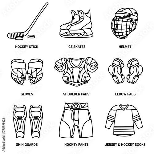 A set of isolated ice hockey gear icons. Hand drawn line art of a players protective equipment including helmet, pads, skates, stick, and jersey.