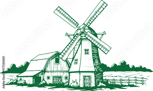 Vintage Farm Windmill and Barn Green Engraving. Agricultural landscape, rural life, and sustainable farming illustration