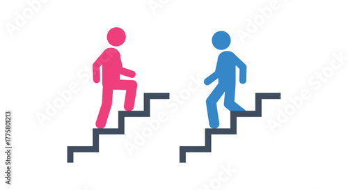 Two figures ascending separate staircases representing different paths or journeys