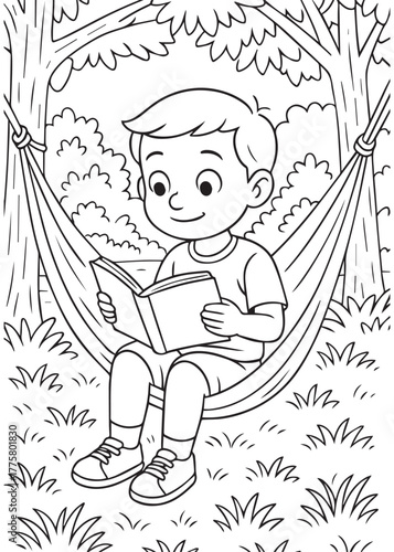 coloring book boy reading book on hammock in garden