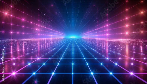 Vibrant Neon Grid Tunnel With Glowing Lights Creating Futuristic Digital Landscape