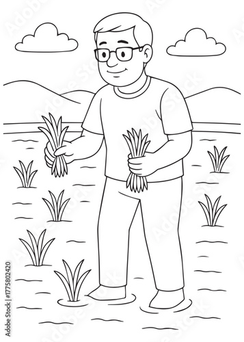 coloring book father harvesting leeks in farm field