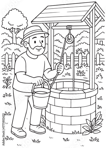 coloring book father drawing water from traditional well
