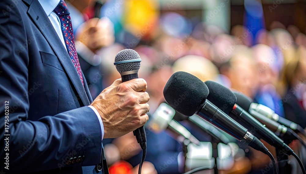 Fototapeta premium Politician Speaking into Microphone at Press Conference with Blurred Audience in Background Outdoors Natural Light