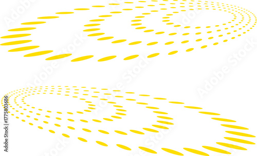 Yellow elliptical dot patterns forming dynamic swirling waves on a clean white background, creating a modern abstract motion effect ideal for tech, digital, and graphic design themes.
