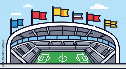 Colorful flags fly above a modern stadium with a soccer field