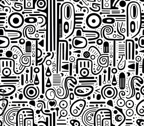 Black and white abstract hand-drawn doodles .Seamless pattern.