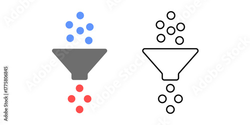 Bias filter icon featuring a funnel removing red bias dots from a blue data stream. Great for visualizing fair data processing, unbiased algorithms, and machine learning integrity concepts.