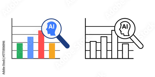 AI audit chart icon showing a magnifier inspecting an AI output graph with fairness marks. Great for illustrating AI transparency, algorithm accountability, and ethical data review concepts.