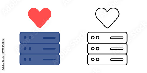 Ethical training data icon showing a server with a heart symbol above it. Ideal for representing responsible AI learning, compassionate technology design, and human-centered data development.