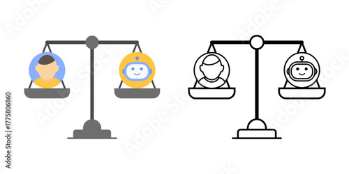 Fairness scale icon showing a balanced digital scale with human and AI symbols. Perfect for illustrating ethical AI balance, fairness in algorithms, and responsible technology principles.