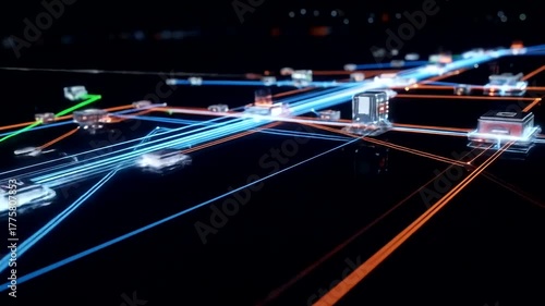 Futuristic digital network with glowing lines and nodes in a tech environment