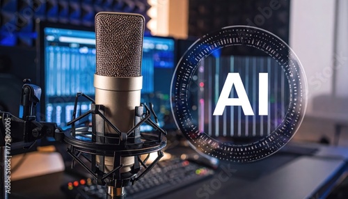 Studio condenser microphone in a professional recording studio setup with an AI (Artificial Intelligence) graphic, symbolizing innovation in sound engineering and voice technology.