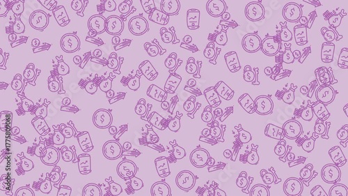 animation patterns Moneybags and coins against a violet background perhaps metaphorically.