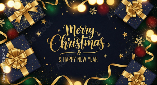 A festive holiday greeting card adorned with beautifully wrapped gifts and sparkling decorations, inviting warmth and cheer to the viewer. vector illustration