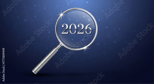 Examining the future through a magnifying glass, with the year 2026 clearly in focus. It's a symbolic representation of future planning, foresight, and strategic thinking.  vector illustration