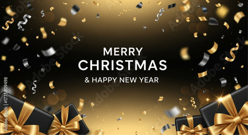  Festive scene featuring celebratory elements for Christmas and the New Year. The scene includes the message Merry Christmas & Happy New Year, with confetti, and gift boxes. vector illustration