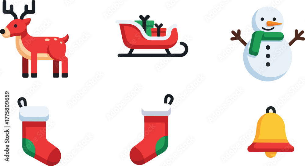 Fototapeta premium Christmas icons: reindeer, sleigh, snowman, stockings, and bell, festive holiday elements.