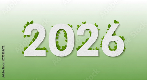 The year 2026 is presented, representing the future, with leaves, symbolizing the connection between environment, nature, and the coming year.  vector illustration
