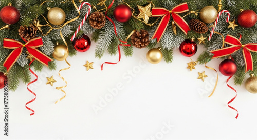 A festive collection of Christmas ornaments, including red ribbons, ornaments and golden baubles, evokes a sense of holiday cheer and festive anticipation. vector illustration