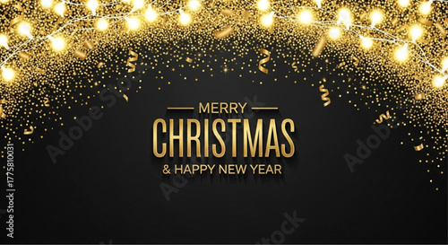 Festive holiday greeting with illuminated string lights and glittering confetti creating a celebratory atmosphere.  vector illustration