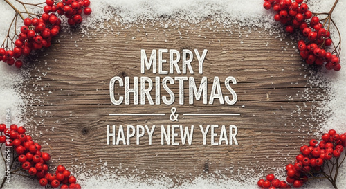 Festive Christmas greeting with berries on wood background. vector illustration