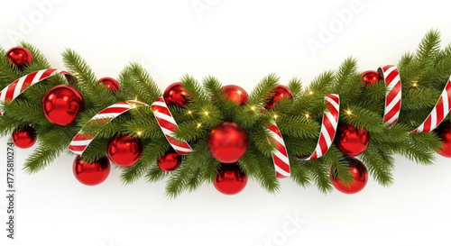 A vibrant, festive garland of pine boughs, adorned with gleaming red ornaments and spiraling candy canes, evokes a feeling of holiday cheer and celebration. vector illustration
