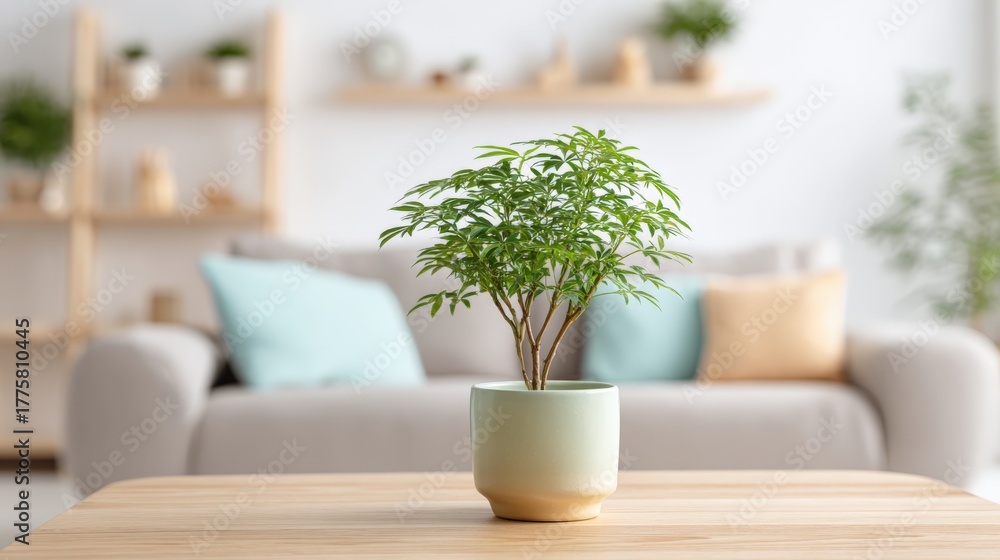 Fototapeta premium Decorative Aralia Plant in Modern Living Room Setting, Interior Design, Home Decor, and Minimalist Aesthetic