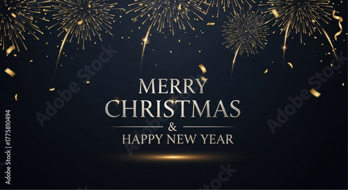 Festive holiday greeting card design, featuring celebratory fireworks with golden sparkle and shimmering confetti. vector illustration