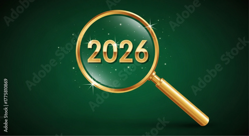 A golden magnifying glass focuses on the year 2026, creating a visual metaphor for forward thinking and the quest for new opportunities against a rich emerald backdrop. vector illustration