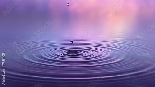 A serene moment of a water droplet creating ripples in a purple-hued setting.