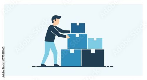 Man stacking blue boxes in a minimalist style illustration